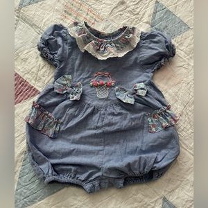 Vintage baby girl chambray and floral bubble romper